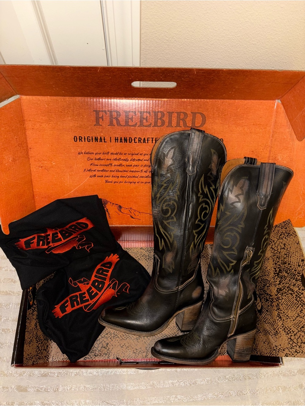 freebird Panama Black Dark Brown Genuine Leather Western Boots with Embroidery